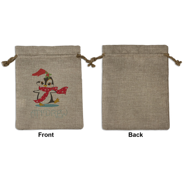 Christmas Penguins Medium Burlap Gift Bag - Front Approval