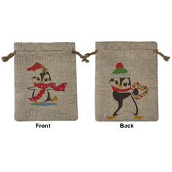 Christmas Penguins Medium Burlap Gift Bag - Front & Back (Personalized)