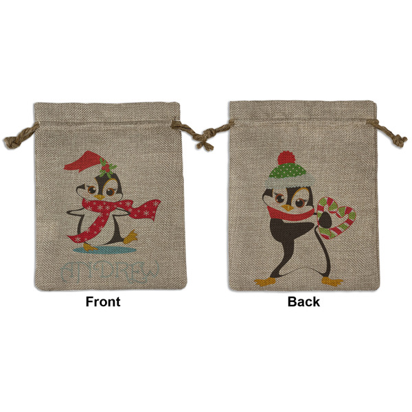 Custom Christmas Penguins Medium Burlap Gift Bag - Front & Back (Personalized)