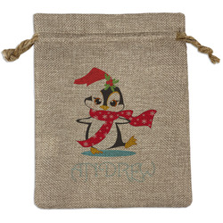 Christmas Penguins Medium Burlap Gift Bag - Front (Personalized)