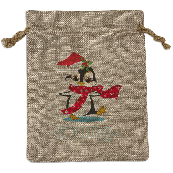 Custom Christmas Penguins Burlap Gift Bag (Personalized)