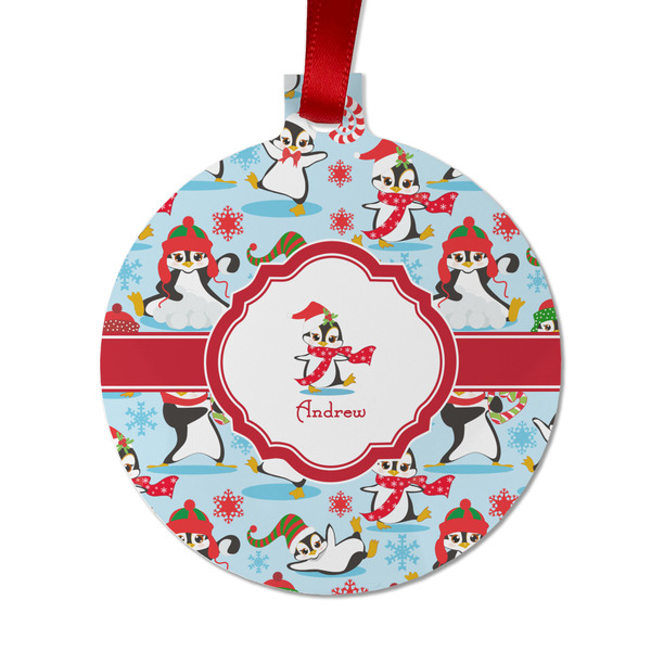 Custom Christmas Penguins Metal Ball Ornament - Double Sided w/ Name or Text