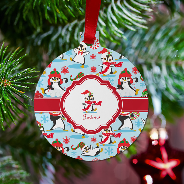 Christmas Penguins Metal Ball Ornament - Lifestyle