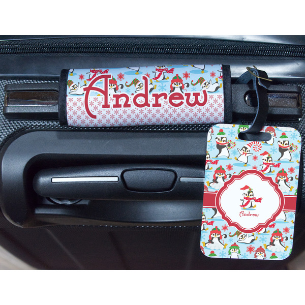Christmas Penguins Metal Luggage Tag & Handle Wrap - In Context
