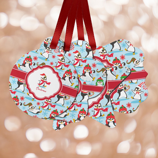 Custom Christmas Penguins Metal Ornaments - Double Sided w/ Name or Text