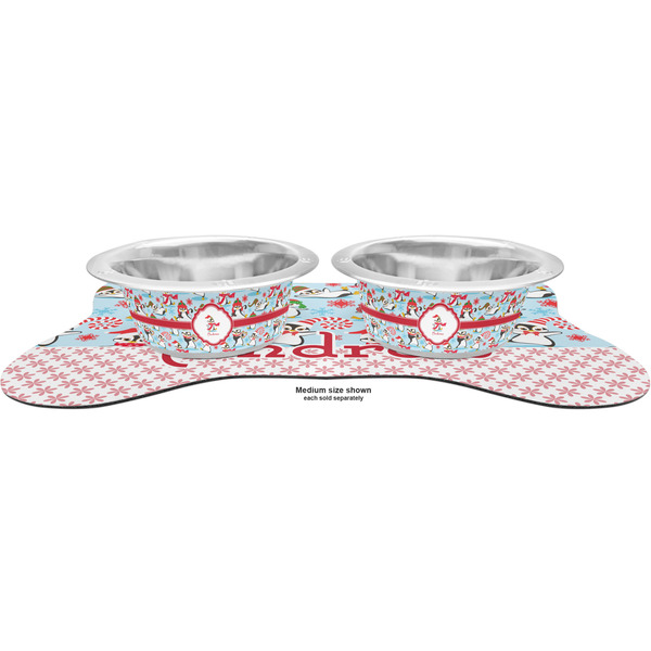 Christmas Penguins Metal Pet Bowls - On Dog Bone Shaped Mat