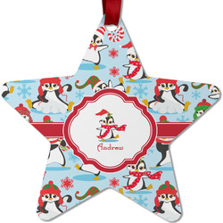 Christmas Penguins Metal Star Ornament - Double Sided w/ Name or Text