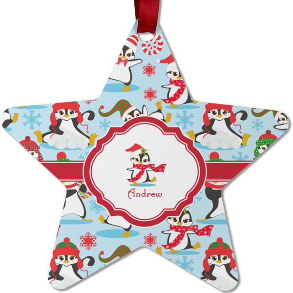 Custom Christmas Penguins Metal Star Ornament - Double Sided w/ Name or Text