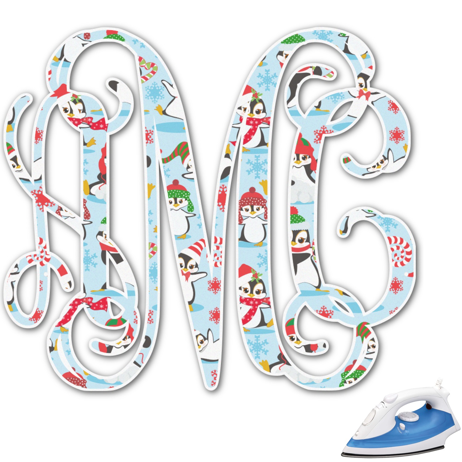 Custom Christmas Penguins Monogram Iron On Transfer Up to 9"x9