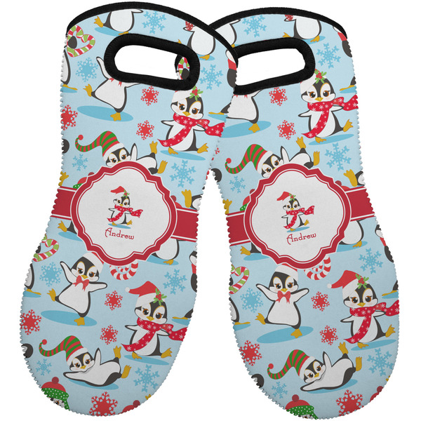 Custom Christmas Penguins Neoprene Oven Mitts - Set of 2 w/ Name or Text
