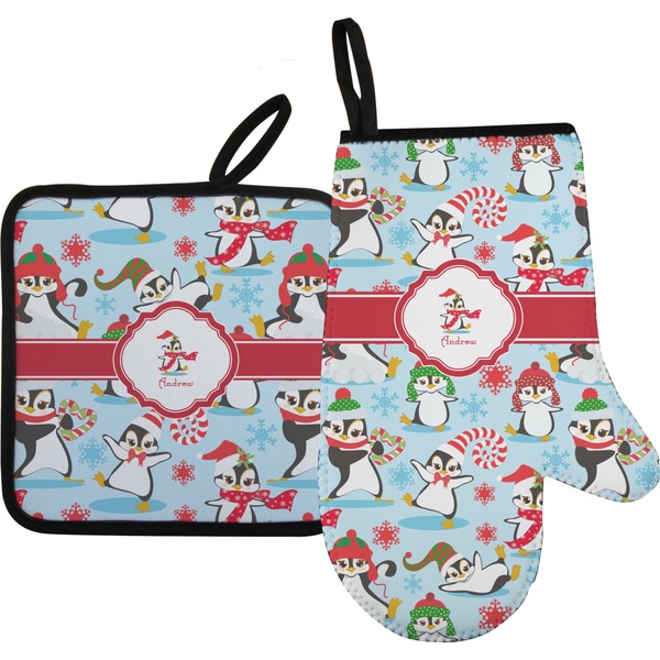 Custom Christmas Penguins Oven Mitt & Pot Holder Set w/ Name or Text
