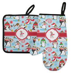 Christmas Penguins Left Oven Mitt & Pot Holder Set w/ Name or Text