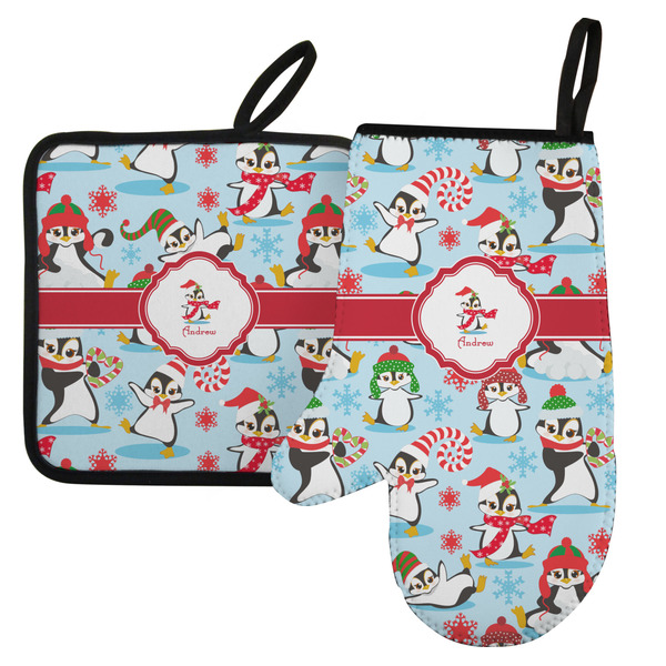 Custom Christmas Penguins Left Oven Mitt & Pot Holder Set w/ Name or Text