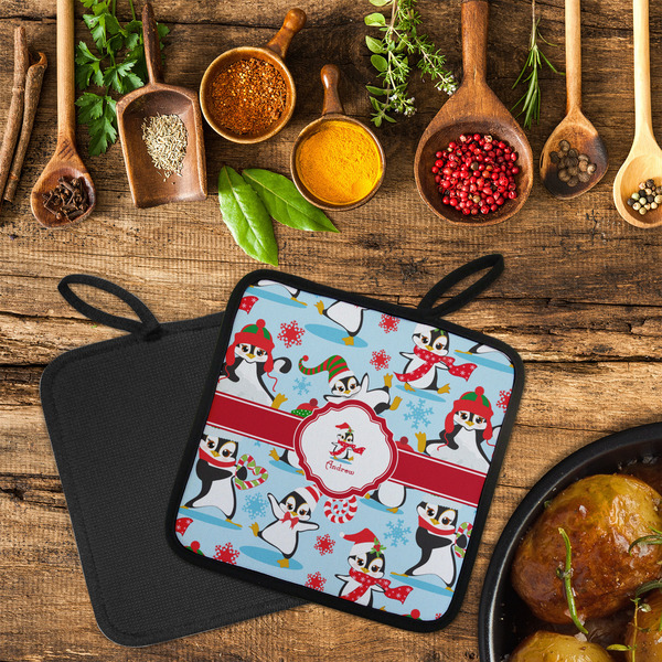 Christmas Penguins Neoprene Pot Holder - Set of 2  LIFESTYLE (Flatlay)