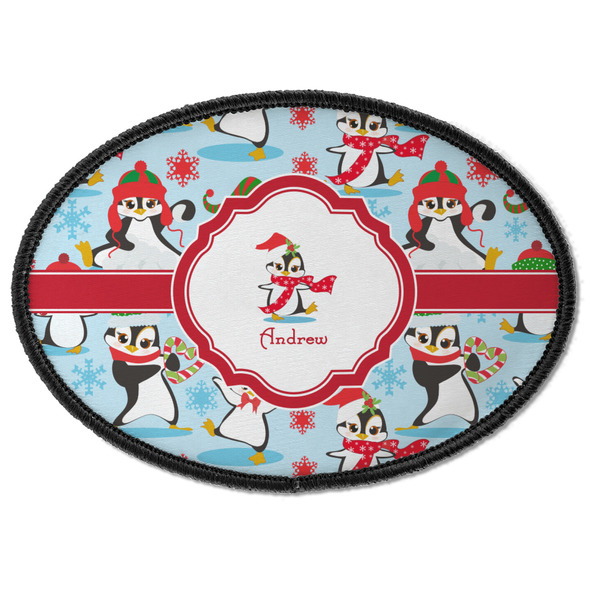 Custom Christmas Penguins Iron On Oval Patch w/ Name or Text