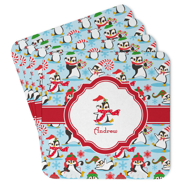 Custom Christmas Penguins Paper Coasters w/ Name or Text