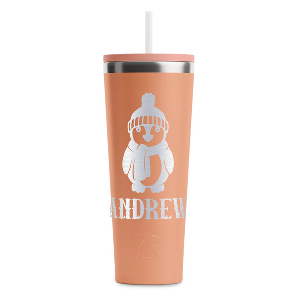 Custom Christmas Penguins RTIC Everyday Tumbler with Straw - 28oz - Peach - Single-Sided (Personalized)
