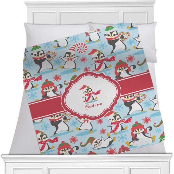 Custom Christmas Penguins Minky Blanket - Twin / Full - 80"x60" - Single Sided (Personalized)