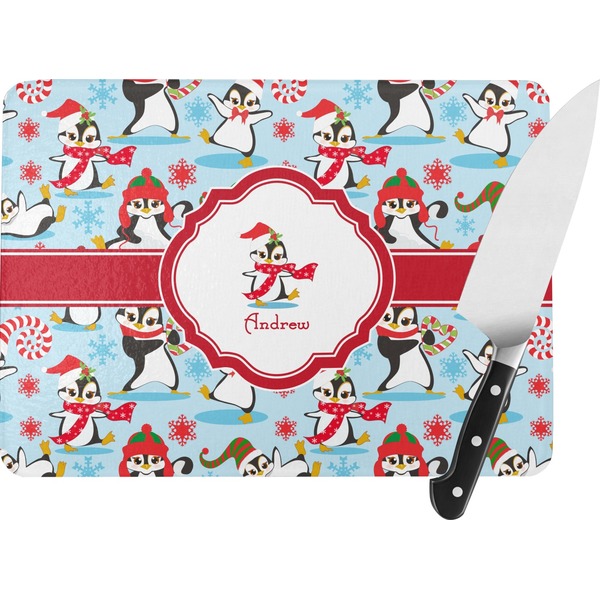 Custom Christmas Penguins Rectangular Glass Cutting Board - Medium - 11"x8" (Personalized)