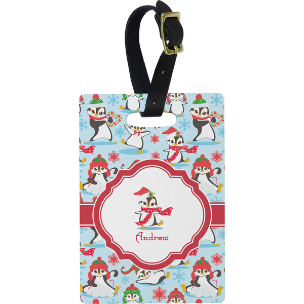 Custom Christmas Penguins Plastic Luggage Tag - Rectangular w/ Name or Text