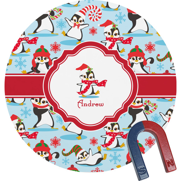 Custom Christmas Penguins Round Fridge Magnet (Personalized)