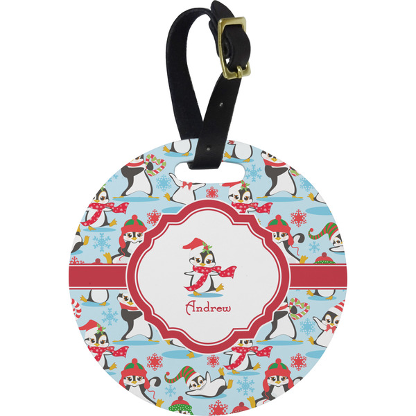 Custom Christmas Penguins Plastic Luggage Tag - Round (Personalized)