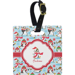 Christmas Penguins Plastic Luggage Tag - Square w/ Name or Text