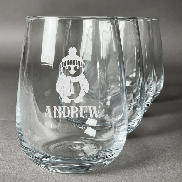 Custom Christmas Penguins Stemless Wine Glasses (Set of 4) (Personalized)