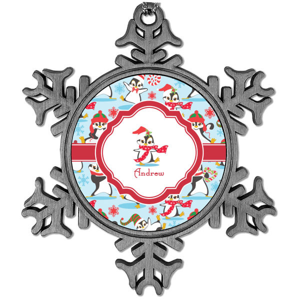 Custom Christmas Penguins Vintage Snowflake Ornament (Personalized)