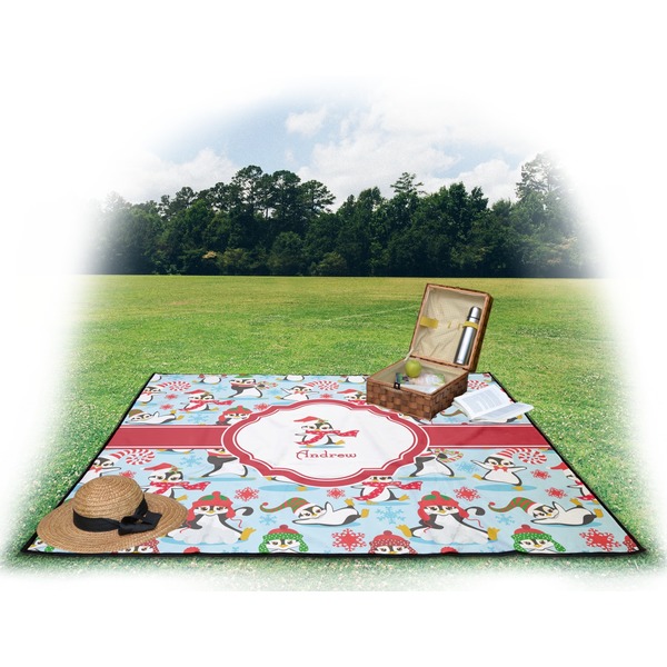 Christmas Penguins Picnic Blanket - with Basket Hat and Book - in Use