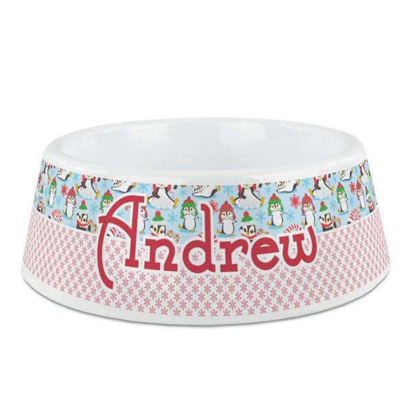 Custom Christmas Penguins Plastic Dog Bowl - Medium (Personalized)