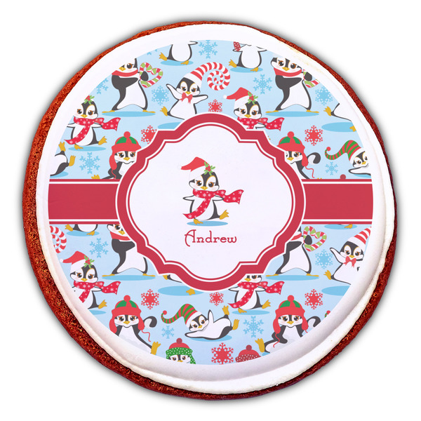 Christmas Penguins Printed Icing Circle - Large - On Cookie
