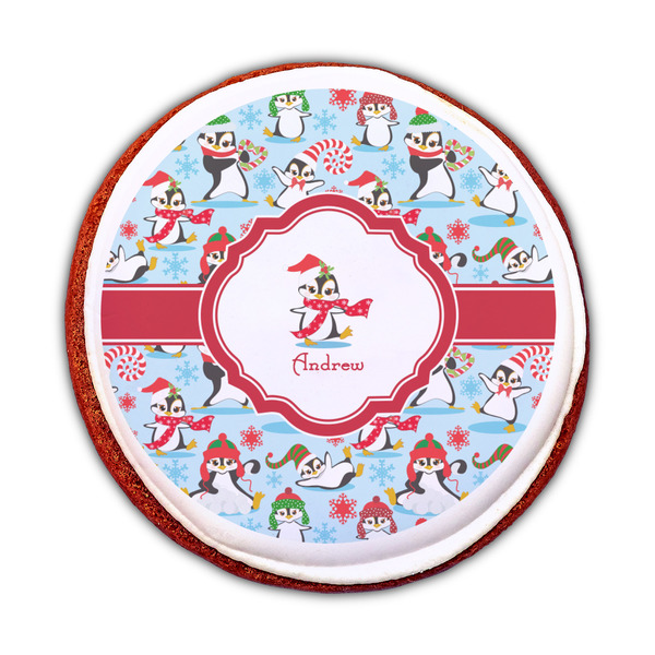 Christmas Penguins Printed Icing Circle - Medium - On Cookie