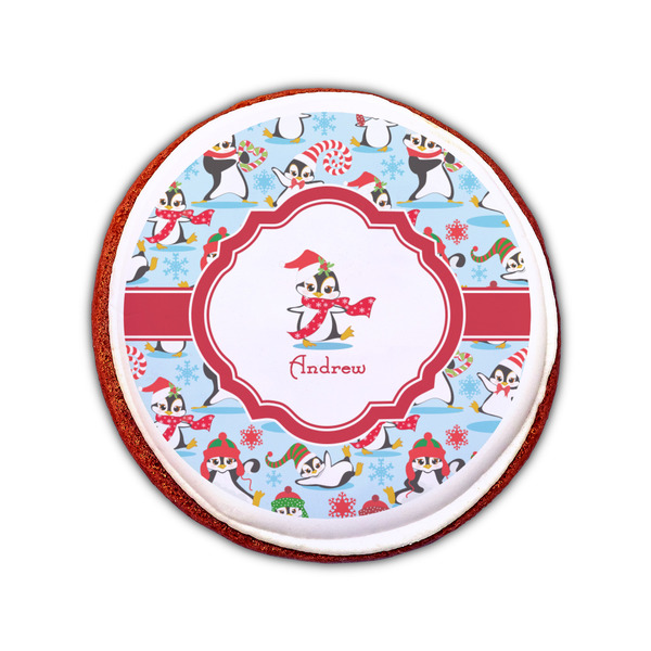 Christmas Penguins Printed Icing Circle - Small - On Cookie