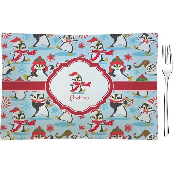 Custom Christmas Penguins Glass Rectangular Appetizer / Dessert Plate (Personalized)
