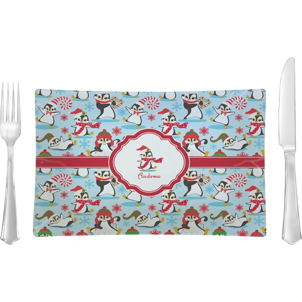 Custom Christmas Penguins Rectangular Glass Lunch / Dinner Plate - Single or Set (Personalized)