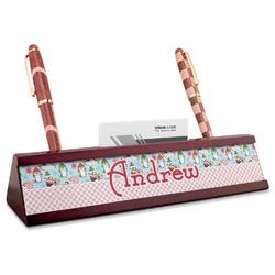 Christmas Penguins Red Mahogany Nameplate with Business Card Holder (Personalized)