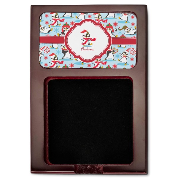 Christmas Penguins Red Mahogany Sticky Note Holder - Flat