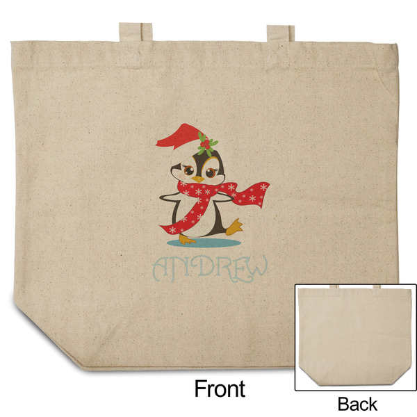 Christmas Penguins Reusable Cotton Grocery Bag - Front & Back View