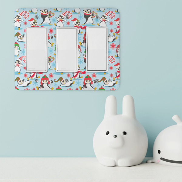 Christmas Penguins Rocker Light Switch Covers - Triple - IN CONTEXT