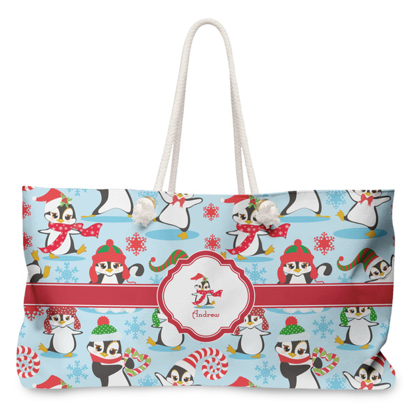 Custom Christmas Penguins Large Tote Bag with Rope Handles (Personalized)