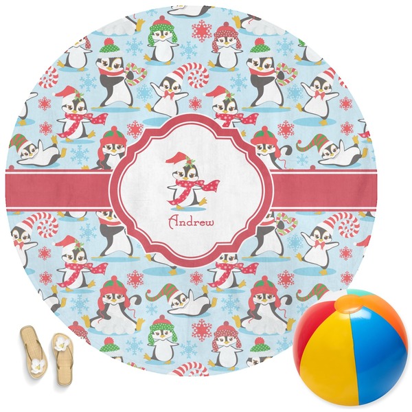 Custom Christmas Penguins Round Beach Towel (Personalized)