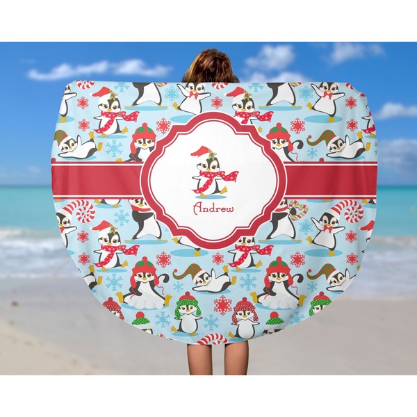 Christmas Penguins Round Beach Towel - In Use