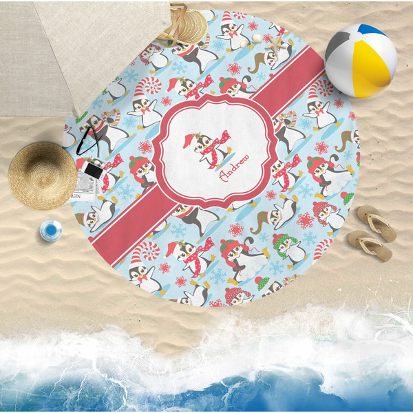 Christmas Penguins Round Beach Towel Lifestyle