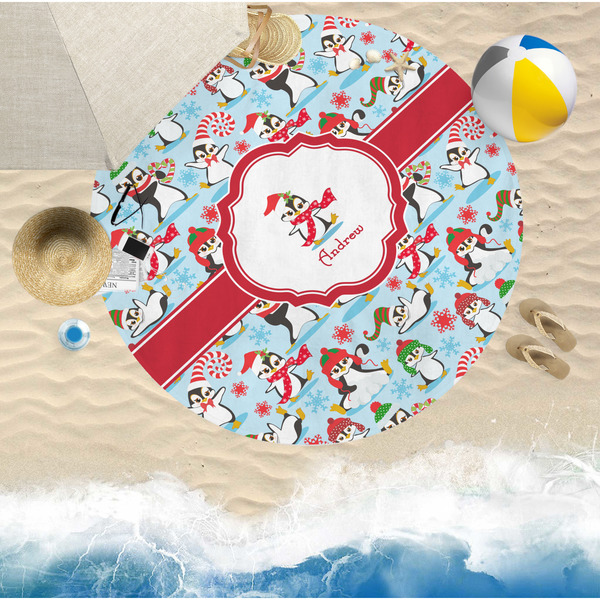 Christmas Penguins Round Beach Towel Lifestyle