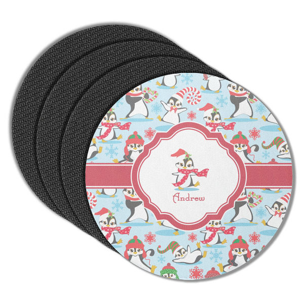 Custom Christmas Penguins Round Rubber Backed Coasters - Set of 4 (Personalized)