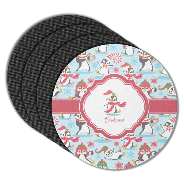 Custom Christmas Penguins Round Rubber Backed Coasters - Set of 4 (Personalized)