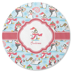 Christmas Penguins Round Rubber Backed Coaster (Personalized)