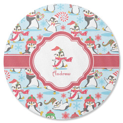 Christmas Penguins Round Rubber Backed Coaster (Personalized)