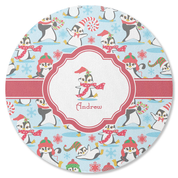 Custom Christmas Penguins Round Rubber Backed Coaster (Personalized)